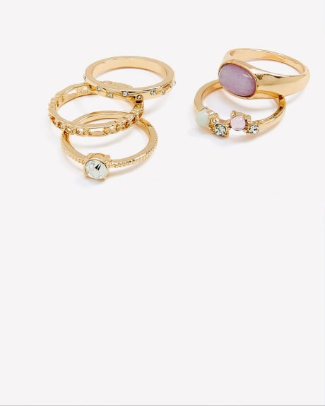 Assorted Golden Rings with Stones, Set of 5