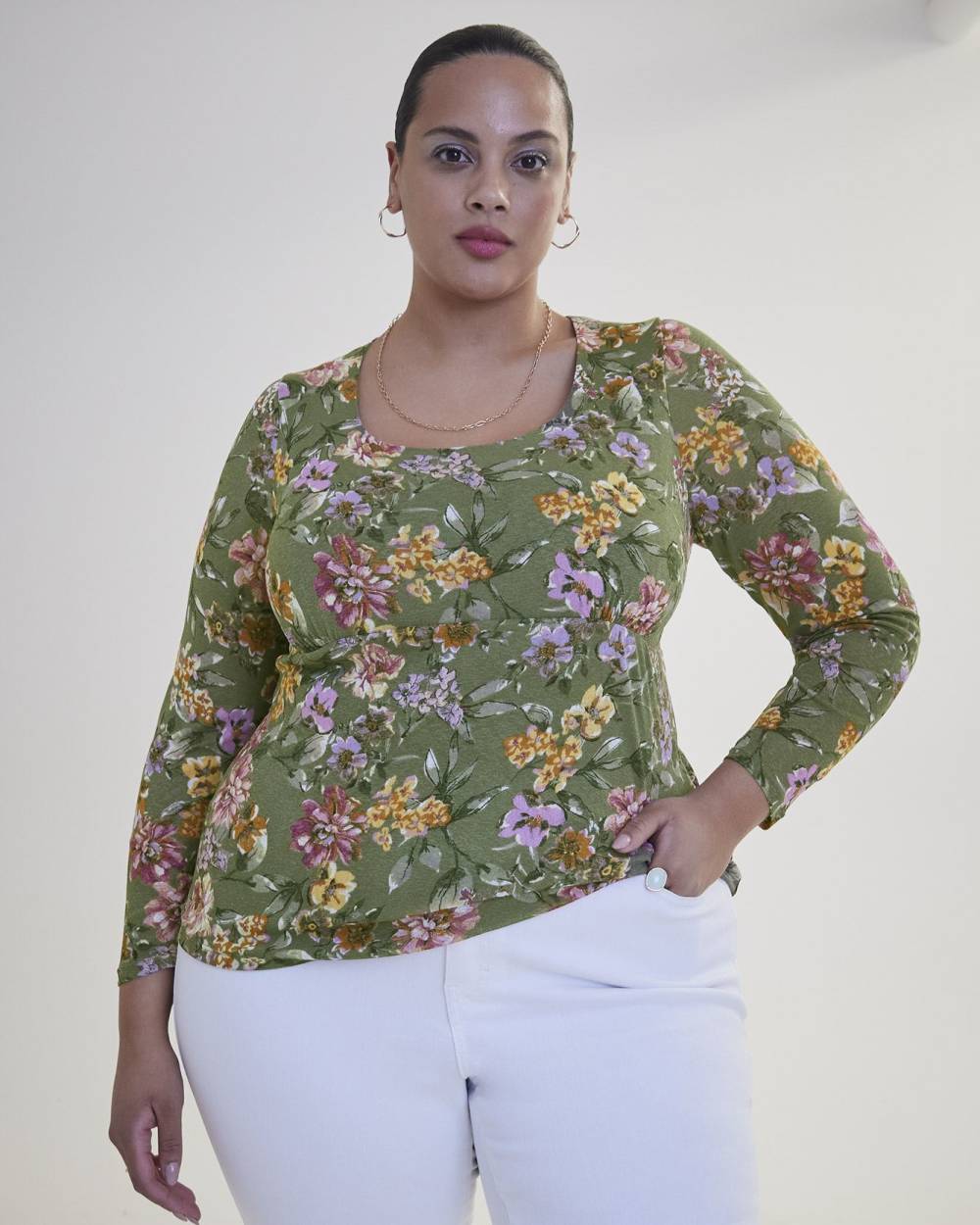 Floral Square-Neck Fitted Knit Top - Addition Elle