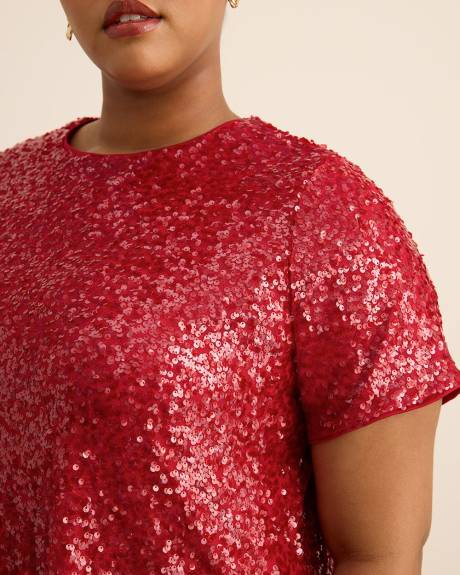 Red Short-Sleeve Sequins Knit Top
