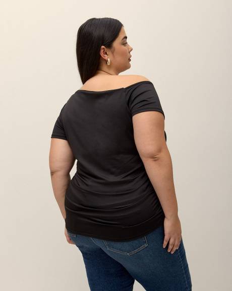Short-Sleeve Knit Top with Shirring Asymmetrical Neckline