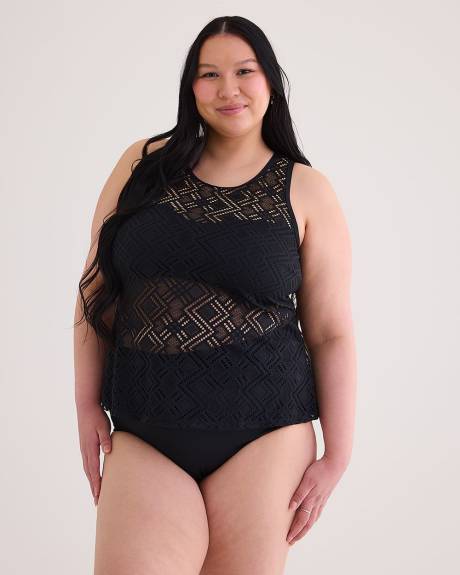 Black Pattern-Mesh Tankini Top