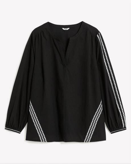 Long-Sleeve Split-Neck Blouse with Embroidery Detail