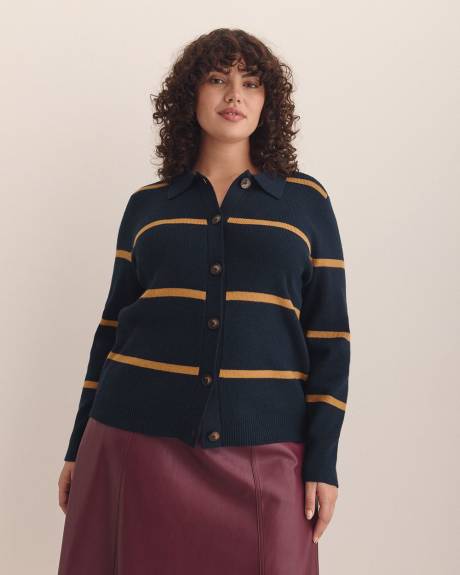 Responsible, Striped Buttoned-Down Polo Sweater Cardigan