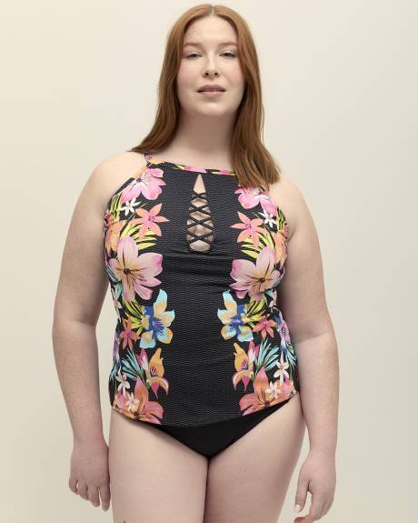 High-Neck Tankini Top with Lattice Front and Underwires - Bleu by Rod Beattie
