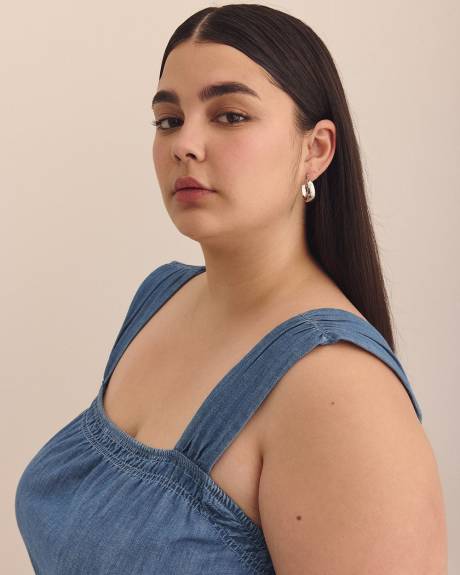 Robe froncé mi-longue sans manches en denim