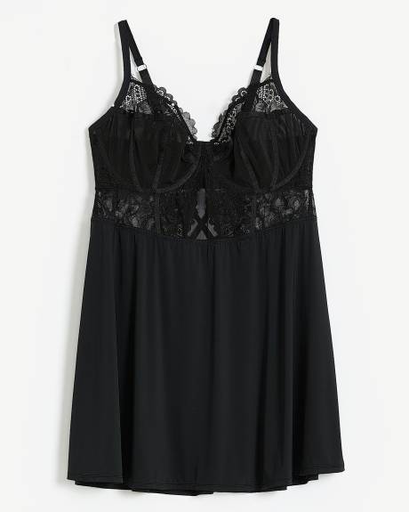 Nuisette noire sexy avec dentelle festonnée - Déesse Collection
