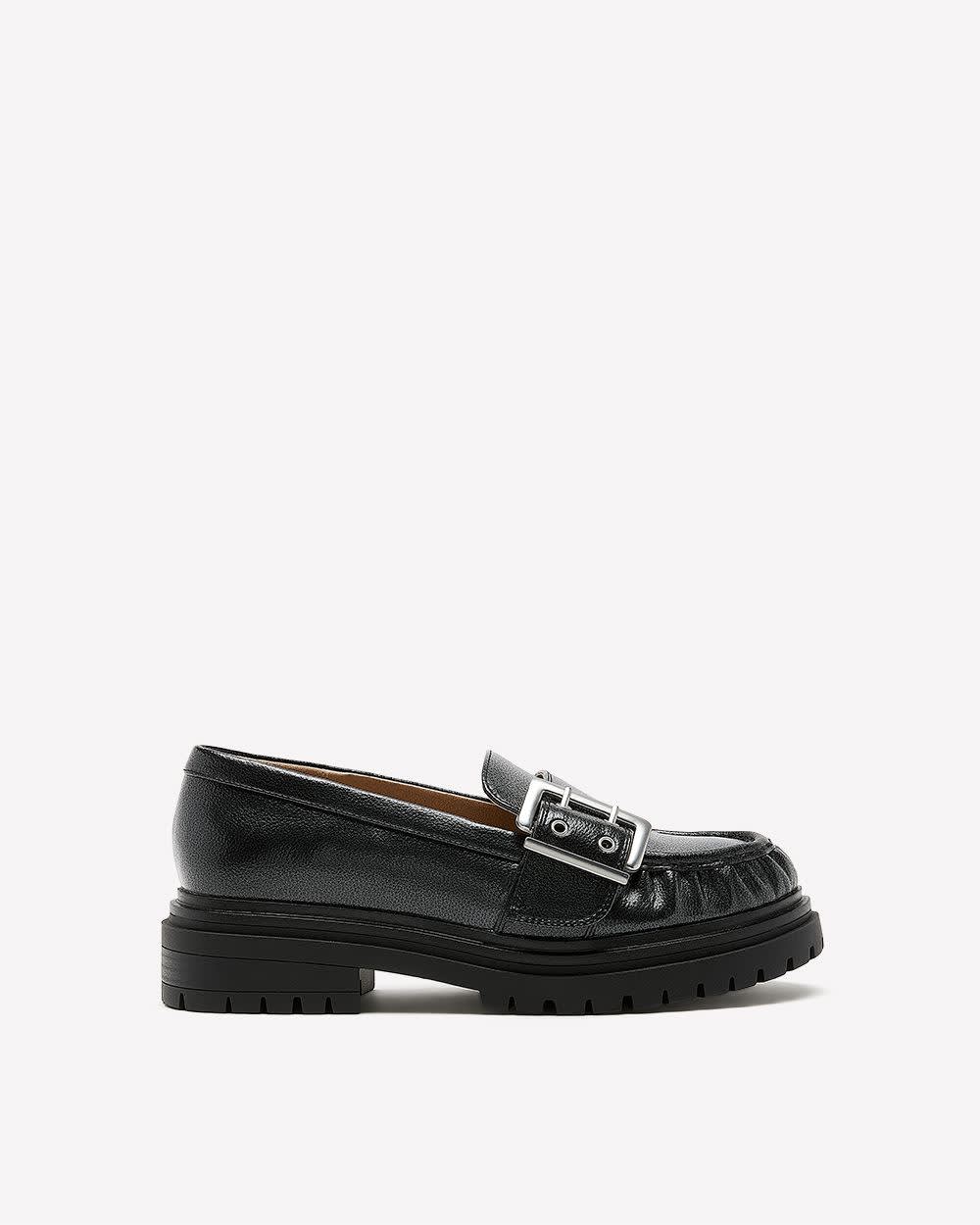 Extra Wide Width, Black Chunky Faux Leather Loafer with Side Buckle