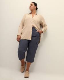 Pantalon capri en coton avec bande de taille côtelée