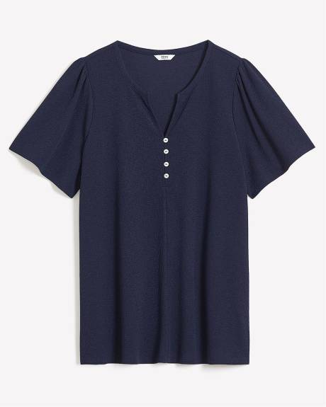 Buttoned Split-Neck Knit Top with Elbow Flutter Sleeves