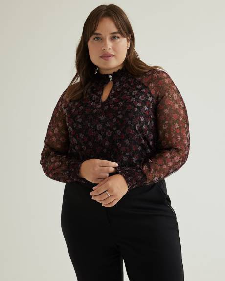 Floral Mesh Knit Top with Smocking Mock Neckline