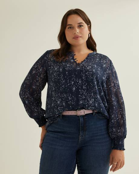 Floral Blouse with Split Neckline and Smocked Cuffs