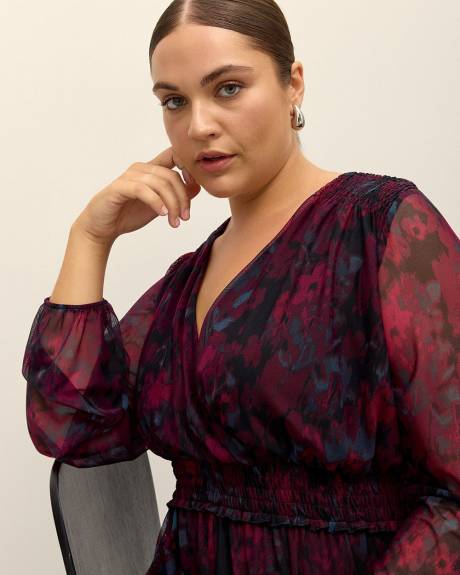 Long-Sleeve Printed Maxi Dress with Shark Bite Hem