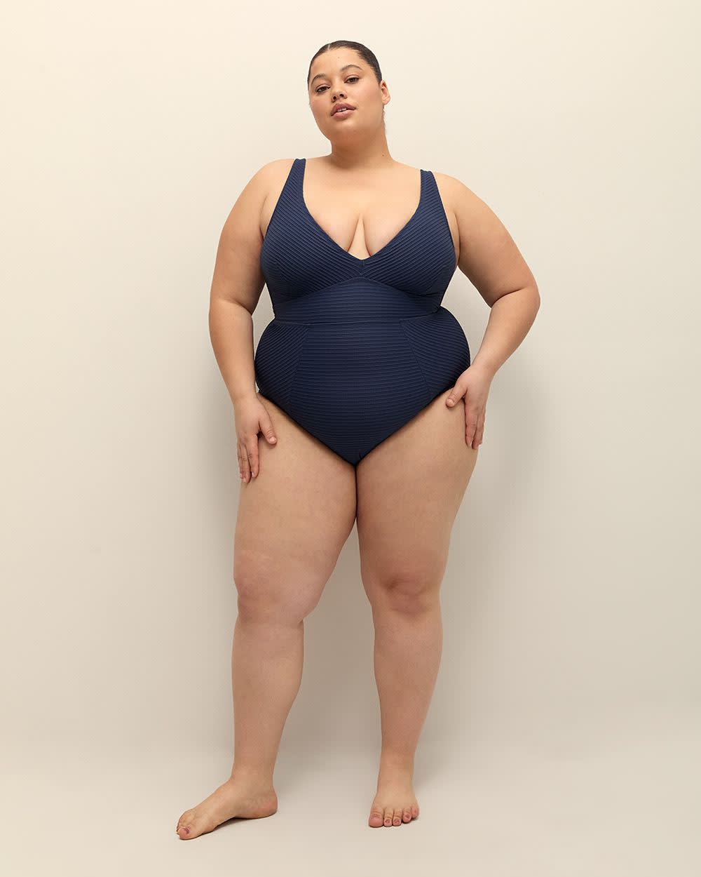 Textured V-Neck One-Piece Swimsuit