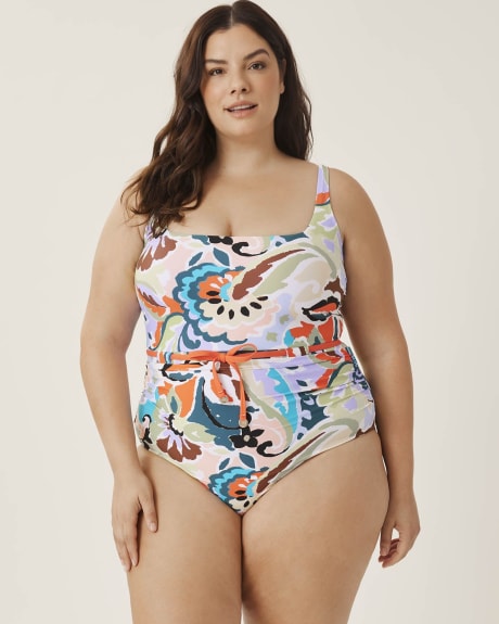 Printed Belted Square-Neck One-Piece Swimsuit - Anne Cole