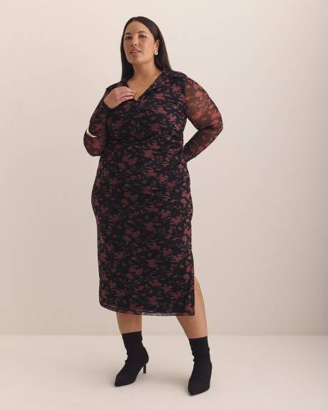 Black Floral Shirt-Collar Mesh Midi Dress - Addition Elle