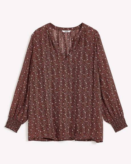 Floral Blouse with Split Neckline and Smocked Cuffs