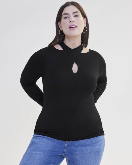Long-Sleeve Knit Top with Overlapped Neckline - Addition Elle