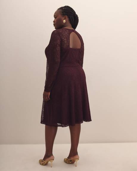 Fit and Flare Long-Sleeve Knit Lace Dress