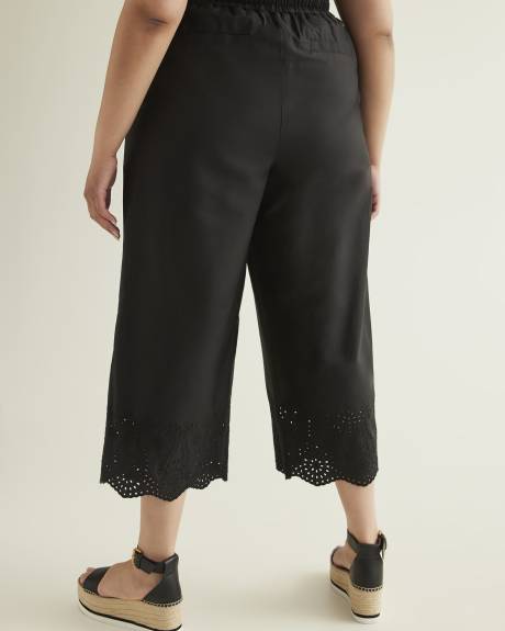 Black Wide-Leg Crop Pant with Embroidered Hem