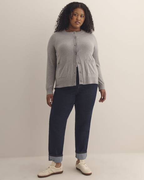 Responsible, Buttoned-Down Cotton Blend Crewneck Cardigan