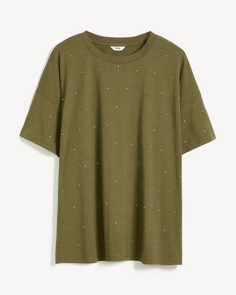 Crewneck Knit Top with Leaf Rhinestone Embellishment