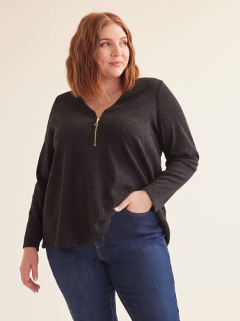 Ribbed Knit Top with Zippered V-Neck