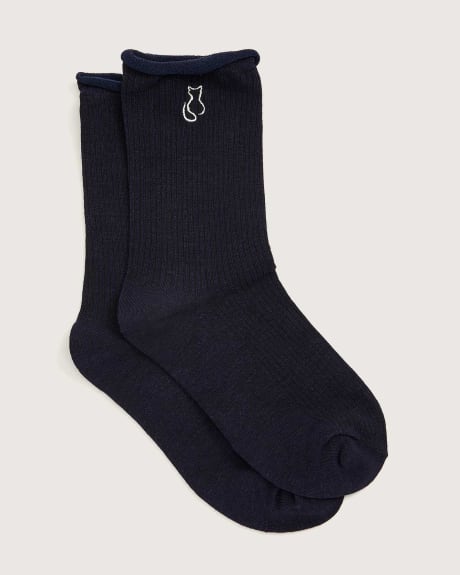 Rolled Edge Socks With Embroidery - In Every Story