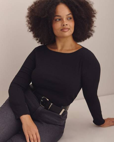 Boat-Neck Knit Top with Lettuce-Edge Sleeves - Addition Elle