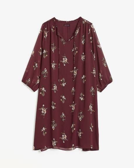 Floral A-Line Dress with 3/4 Sleeves