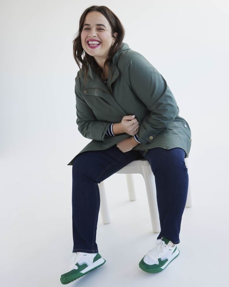 Water-Repellent Hooded Coat with High-Low Hem