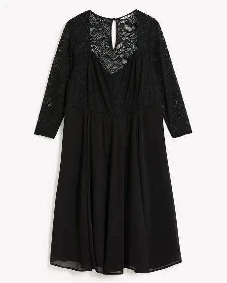 Black Chiffon Flared Dress with Lace Top