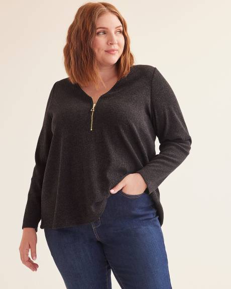 Ribbed Knit Top with Zippered V-Neck