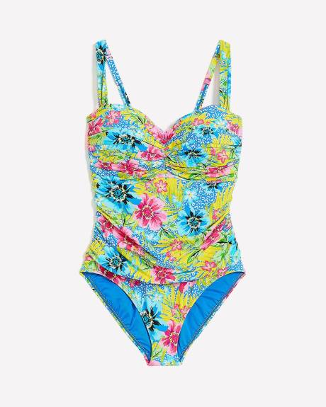 Maillot une-pièce froncé fleuri de style bandeau, avec armatures - Bleu by Rod Beattie