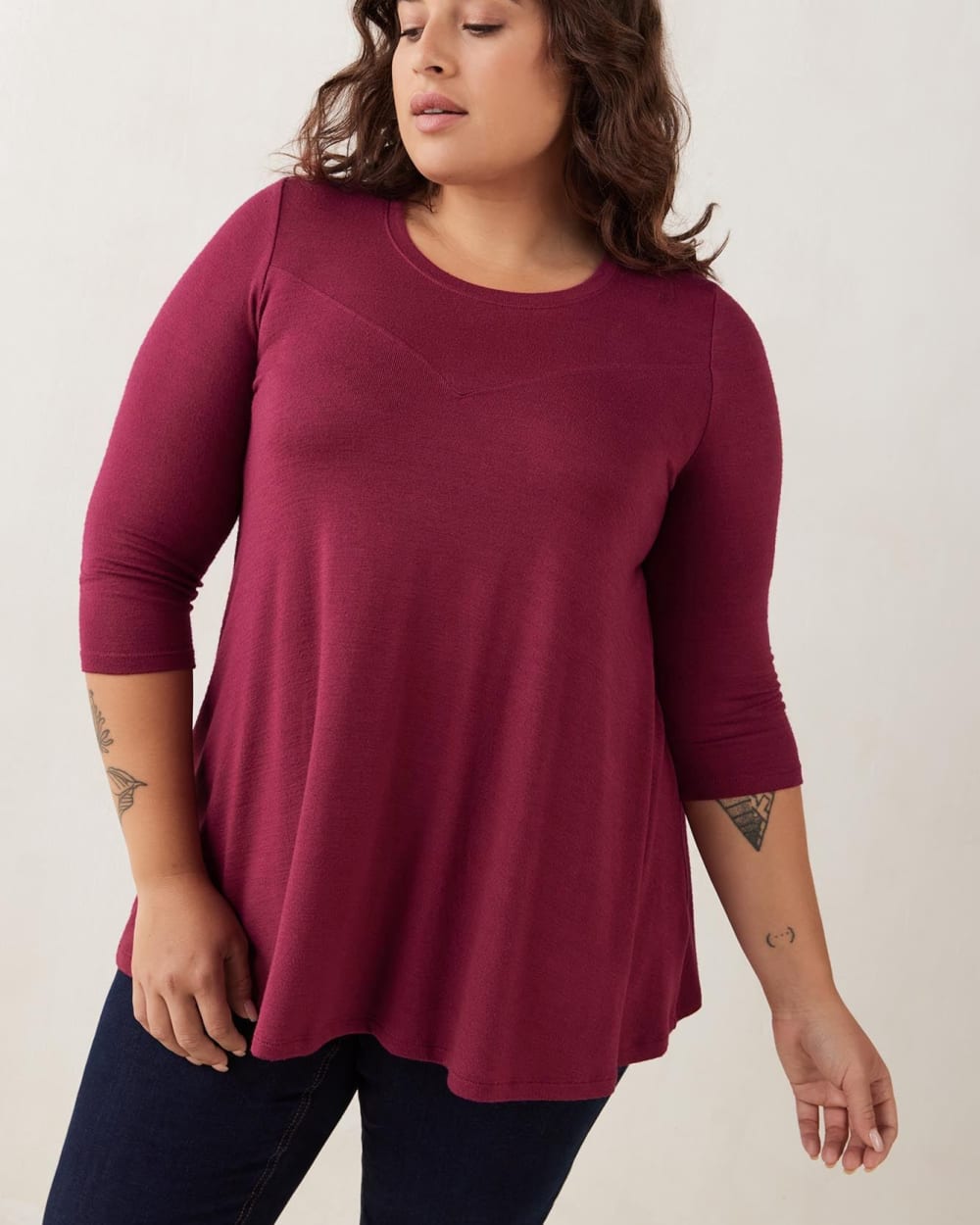 Solid 3/4-Sleeve Top with V-Cut Detail