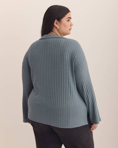Ribbed Knit Polo Sweatshirt