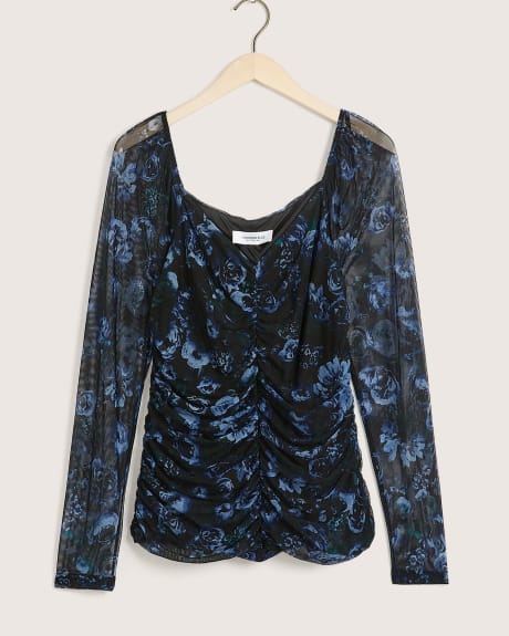 Printed Shirring Mesh Knit Top - Addition Elle