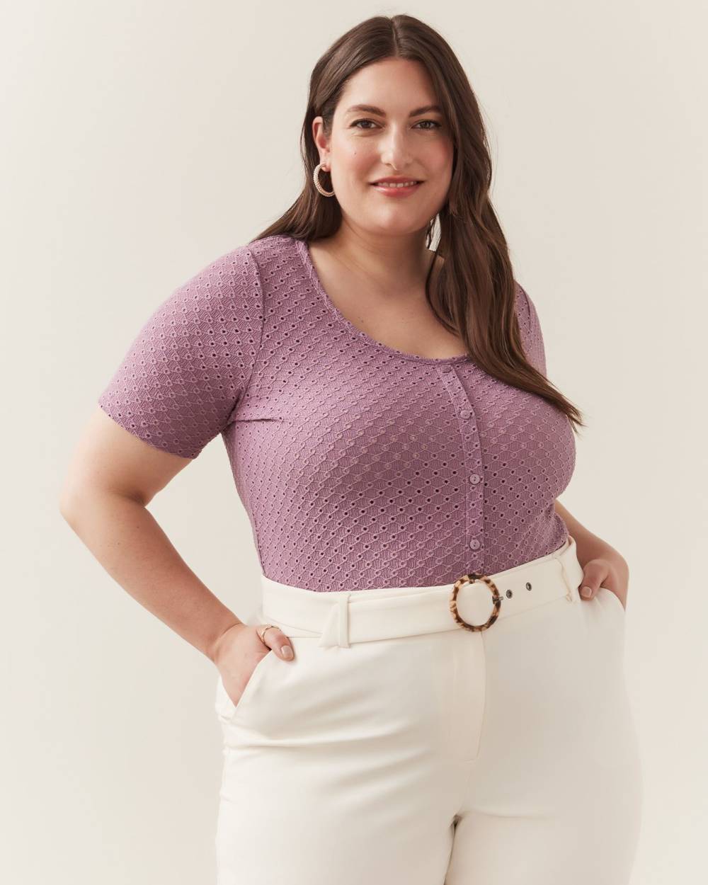 Eyelet Knit Top, Elbow-Sleeve