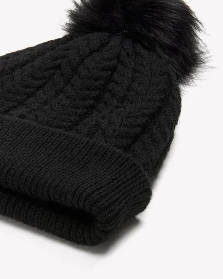 Black Cable Knit Cuff Beanie with Pom