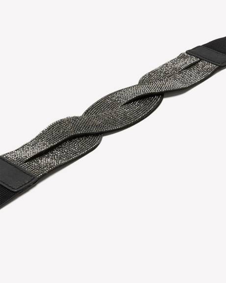 Black Elastic Belt with Rhinestone Twisted Front