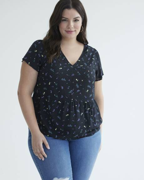 Printed Fit-and-Flare Blouse with Short Flutter Sleeves