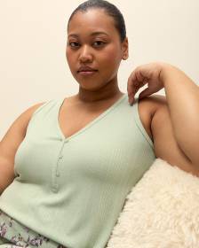 Camisole de pyjama en tricot côtelé vert avec col Henley - ti Voglio