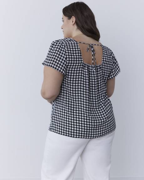 Responsible, Plaid Crepe Blouse with Flutter Sleeves