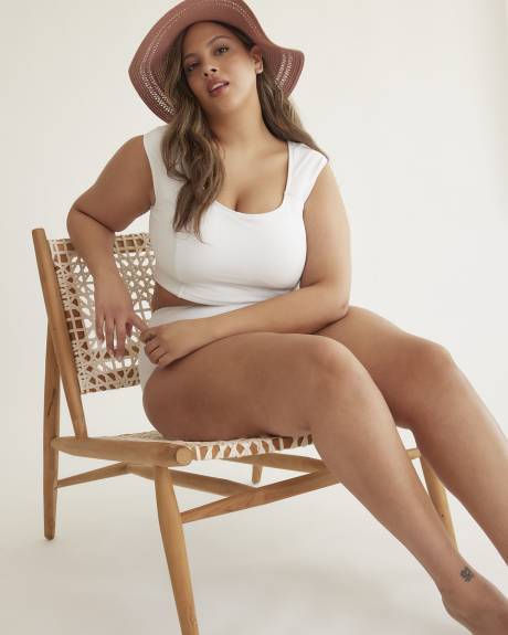 White Rib Longline Bikini Top with Lace-Up Back