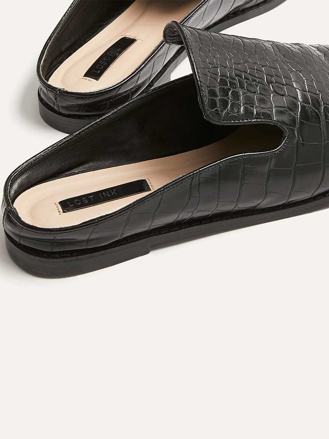 black flat mule sandals