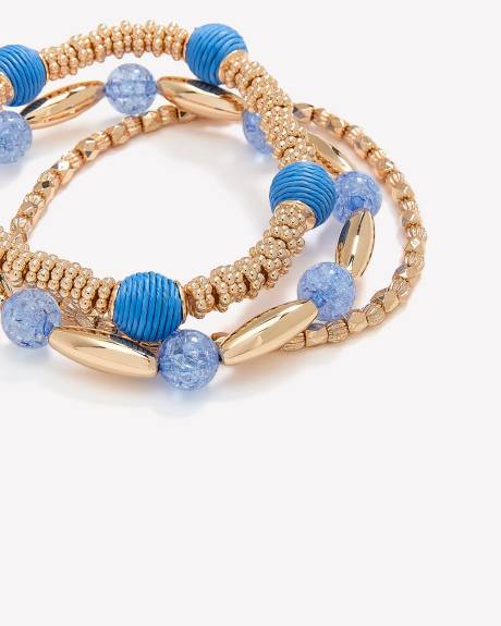 Elastic Bracelets with Blue Beads, Set of 3