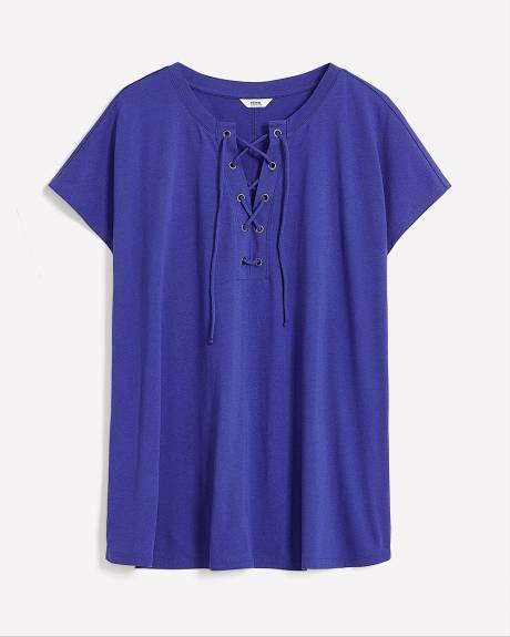 A-line Knit Top with Lace-Up V-Neck