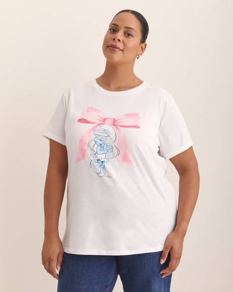 T-shirt blanc à manches courtes et col rond avec imprimé de Schtroumphette