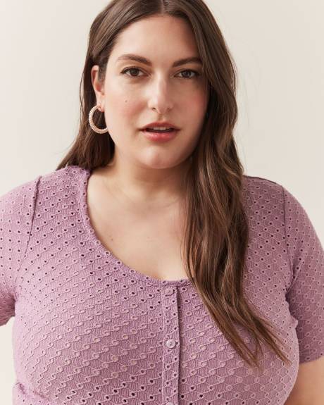 Eyelet Knit Top, Elbow-Sleeve