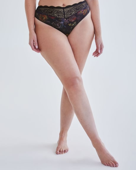 Printed Microfibre Thong with Lace Waistband - Déesse Collection