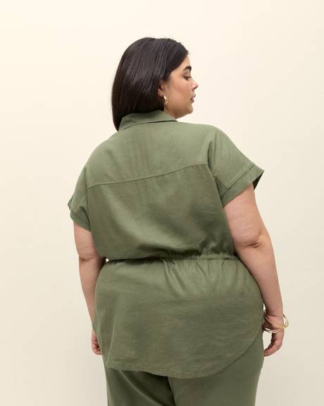Linen Blend Blouse Dropped Shoulder Cinched Waist